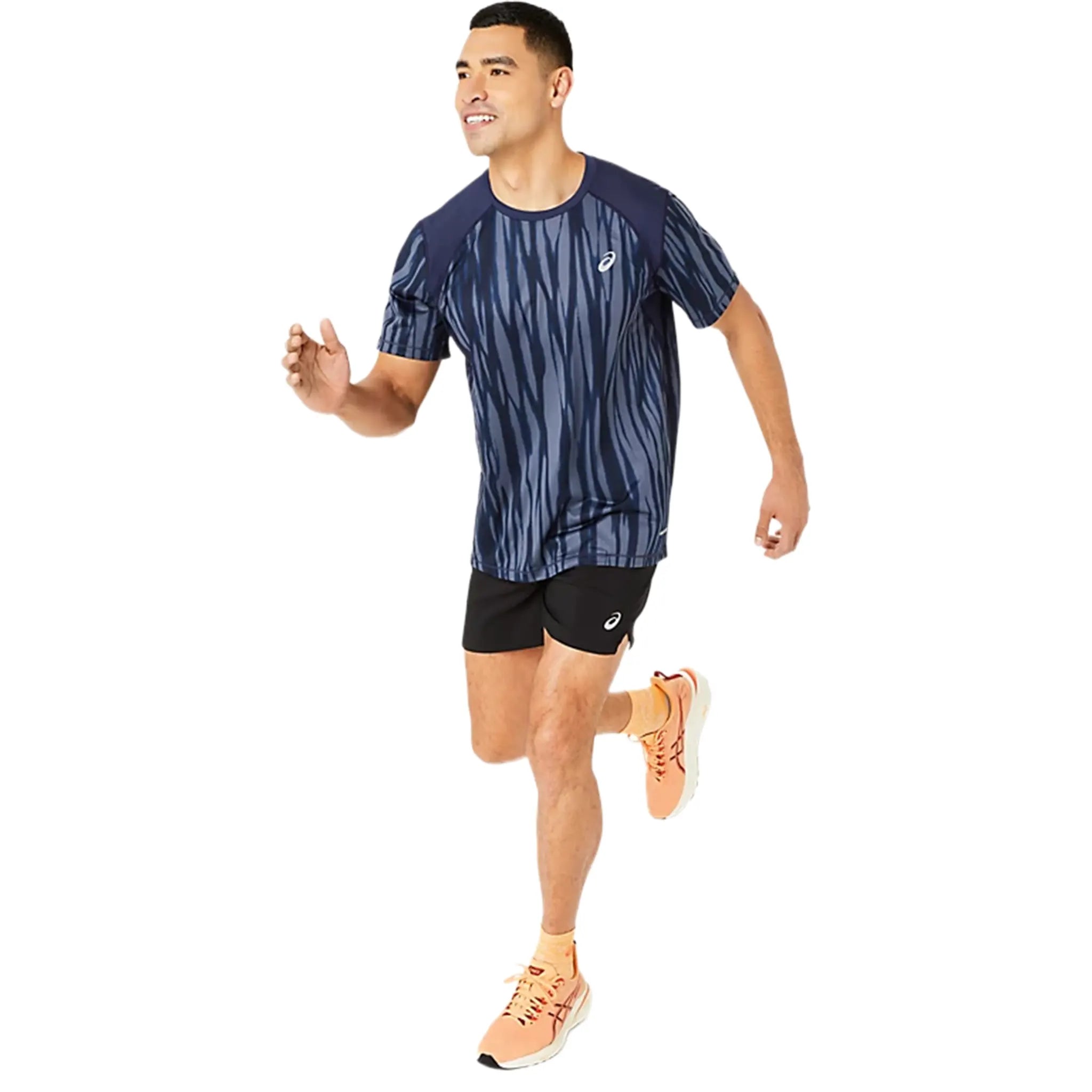 Front Side View of Asics Road All Over Men’s S/S Navy T Shirt 2011D092-400